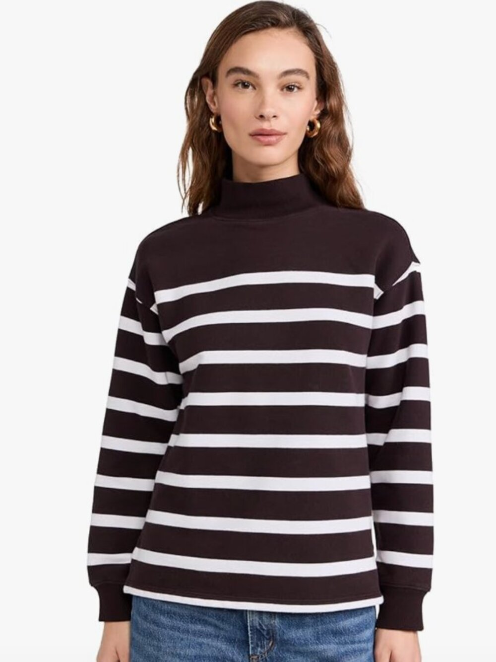 Madewell Midweight Mockneck Brown/White Striped Sweatshirt Size XL